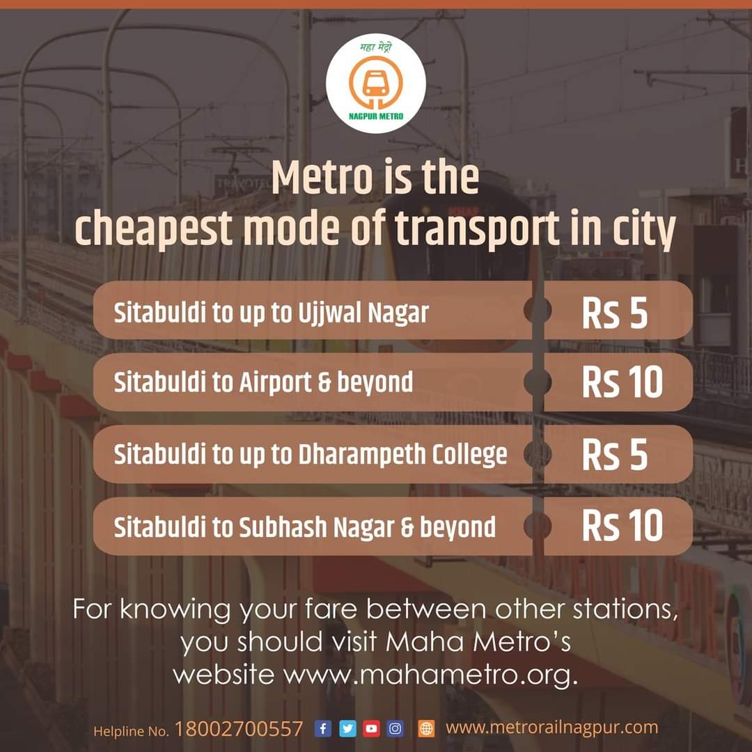 MetroRailNagpur's tweet photo. Metro is the cheapest mode of transport in city

#NagpurMetro is the cheapest mode of transport available in the city. Maha Metro had reduced its fare sharply a long time ago. 

Read More On : 
https://t.co/32pxX8FYsk

#FeederService #MultyModelIntegration #spirit #Fare #Ticket https://t.co/4Y6tgIvd2f