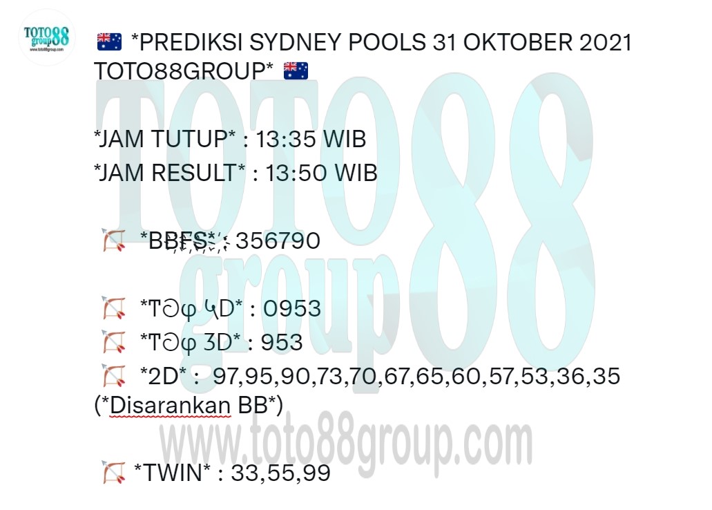 GroupToto88's tweet photo. 🇦🇺 *PREDIKSI SYDNEY POOLS 31 OKTOBER 2021 TOTO88GROUP* 🇦🇺 https://t.co/jsi4HVdRtP