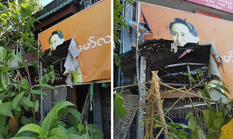 kuman_dra's tweet photo. National League for Democracy [NLD] branch office in Mon's Mawlamyaing was bombed by #MyanmarMilitaryTerrorists today early morning.  #Oct31Coup  #FreezePaymentsToJunta     #WhatsHappeningInMyanmar https://t.co/t6QkkaElHG