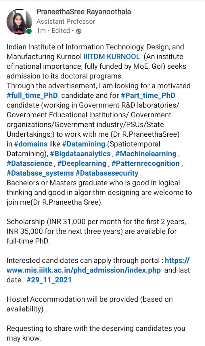 PraneethaSree_R's tweet photo. @iiitdmkurnool #PhD #Admissions2021
Bachelors or Masters graduate who is good in logical thinking and good in algorithm designing are welcome to join me(Dr R.Praneetha Sree).
last date: #29_11_2021 
Link: https://t.co/Obz03oSsKJ
Domain: #datamining #machinelearning #Deeplearning https://t.co/HEda7XHYCi