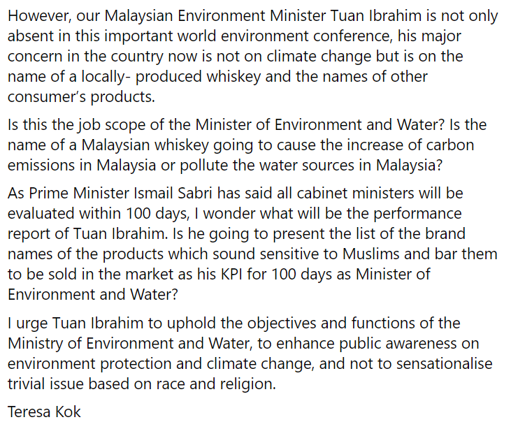 NewsBFM's tweet photo. 1. DAP MP Teresa Kok has urged Tuan Ibrahim to focus on his position as Environment and Water Minister instead of the controversy surrounding Timah whiskey. 

“Is the name of a Malaysian whiskey going to increase carbon emissions or pollute water sources in Malaysia?” https://t.co/yndjwr12d2