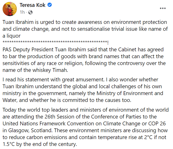 NewsBFM's tweet photo. 1. DAP MP Teresa Kok has urged Tuan Ibrahim to focus on his position as Environment and Water Minister instead of the controversy surrounding Timah whiskey. 

“Is the name of a Malaysian whiskey going to increase carbon emissions or pollute water sources in Malaysia?” https://t.co/yndjwr12d2