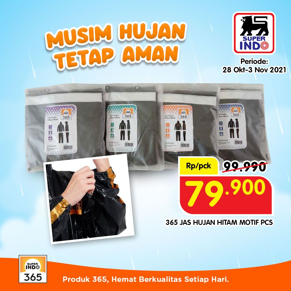 InfoSuperIndo's tweet photo. Hujan jadi makin sering, sedia jas hujan sudah pasti wajib nih.
Salah satu pilihan jas hujan berkualitas adalah dari 365. Pilihannya pun banyaaak, dari model dewasa hingga anak tersedia.
Yuk sedia jas (hujan) sebelum hujan π yang bisa dibeli di Super Indo
#Promo365 https://t.co/wfttIIFwuC