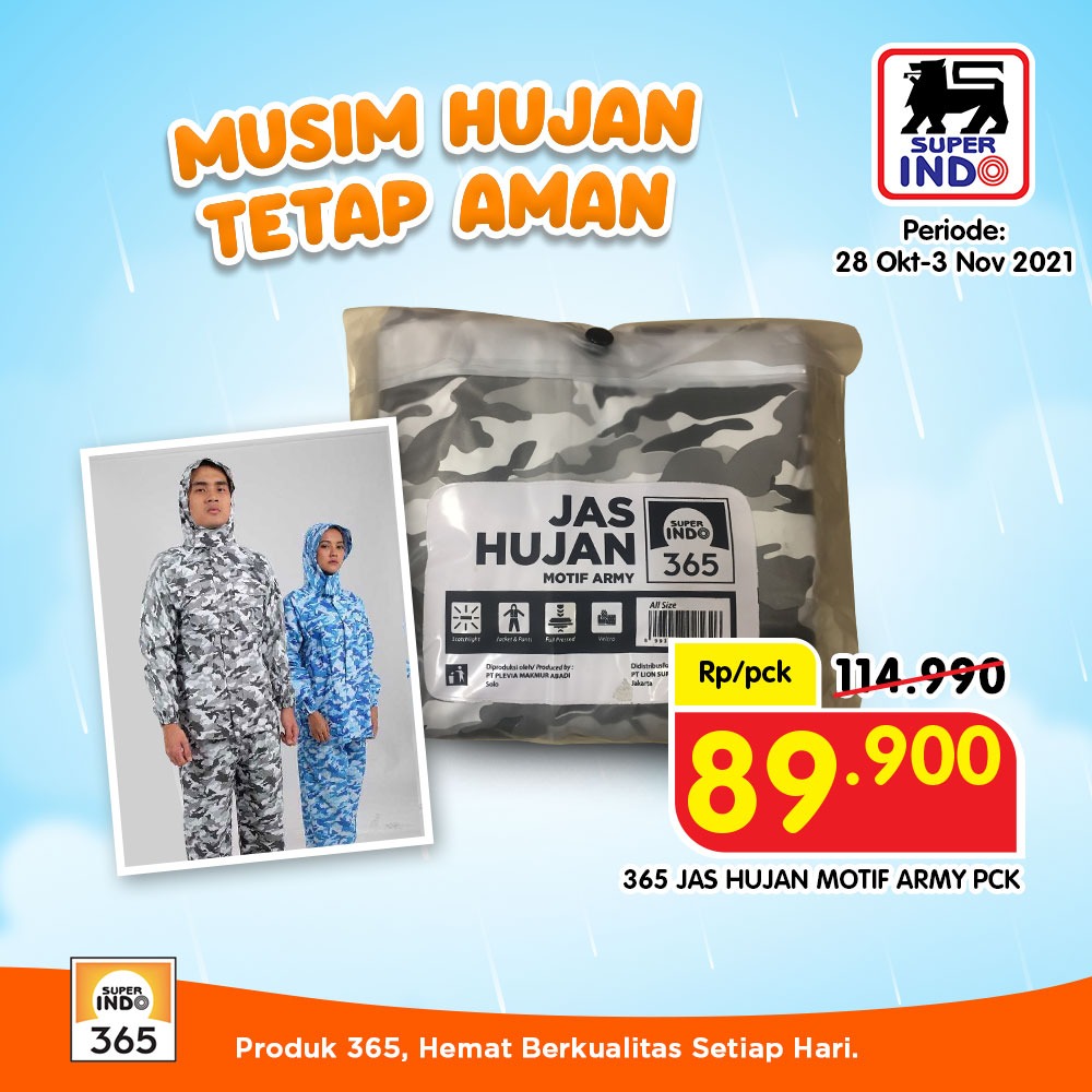 InfoSuperIndo's tweet photo. Hujan jadi makin sering, sedia jas hujan sudah pasti wajib nih.
Salah satu pilihan jas hujan berkualitas adalah dari 365. Pilihannya pun banyaaak, dari model dewasa hingga anak tersedia.
Yuk sedia jas (hujan) sebelum hujan π yang bisa dibeli di Super Indo
#Promo365 https://t.co/wfttIIFwuC