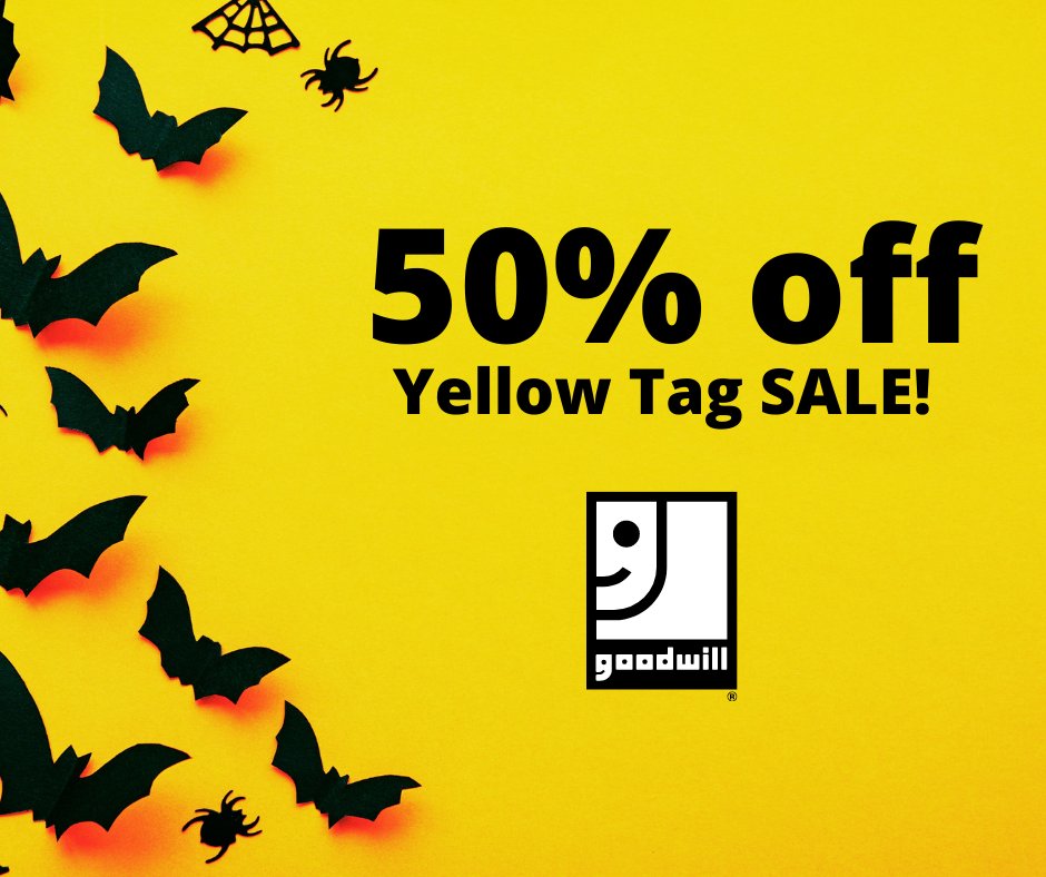 MemphisGoodwill's tweet photo. Happy Halloween! Are you ready for a sale? Today only, receive 50% off any item with a yellow tag. Remember to tag us with hashtag #GotitatGoodwill. (Sale at all locations except Bargain Barns)
#SundayTagSale #50%off #GetItAtGoodwill https://t.co/u47BlVsCod