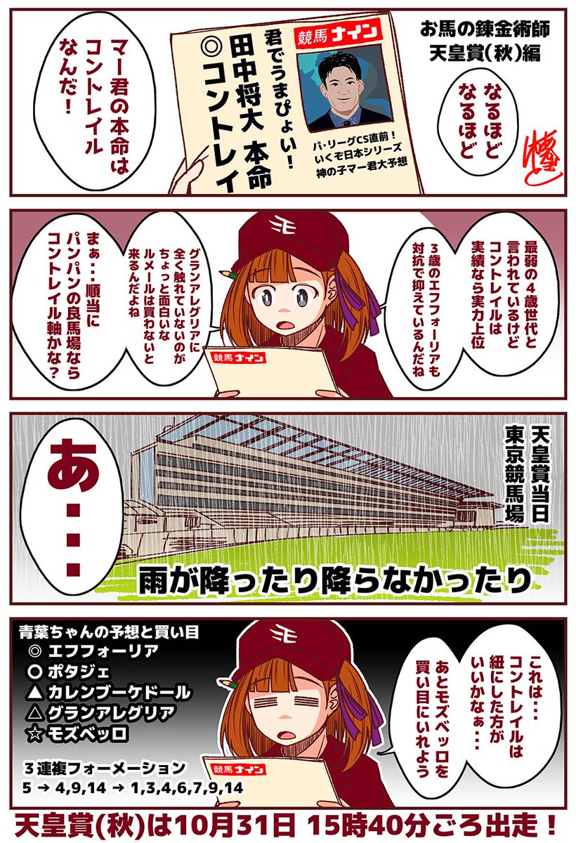 お馬の錬金術師『天皇賞(秋)編』
◎ エフフォーリア
〇 ポタジェ
▲ カレンブーケドール
△ グランアレグリア
☆ モズベッロ 