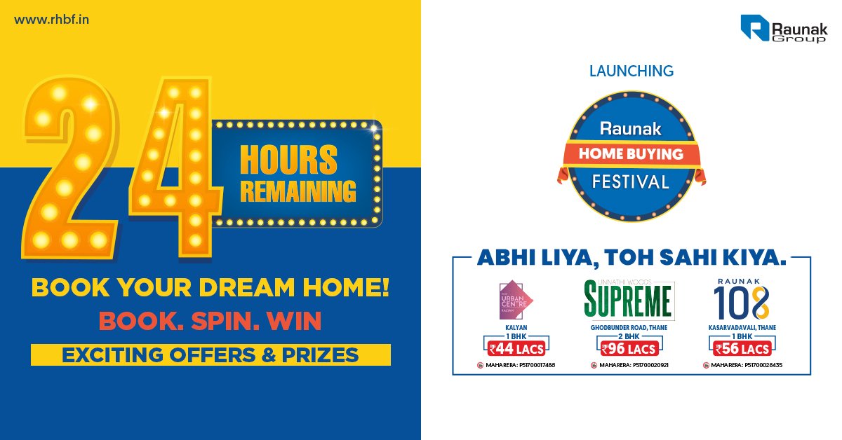 RaunakGroup's tweet photo. #24hrsToGo
Last few hours to avail bonanza offers and deals!
Grab this perfect pathway to your dream home now to provide your family the lifestyle they always dreamed of.
To know more, visit https://t.co/umVwsW0SB4 or call 022 4893 3366. https://t.co/ECSMVNcO4e