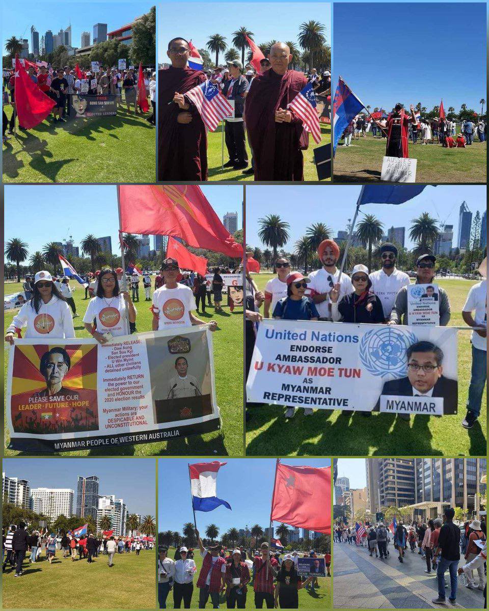 Myanmar Nationalities &amp; activists in Perth, Australia, staged a marching strike for the immediate fall of Genocidal Dictatorship. #FreezePaymentsToJunta    #Oct31Coup   #WhatsHappeningInMyanmar