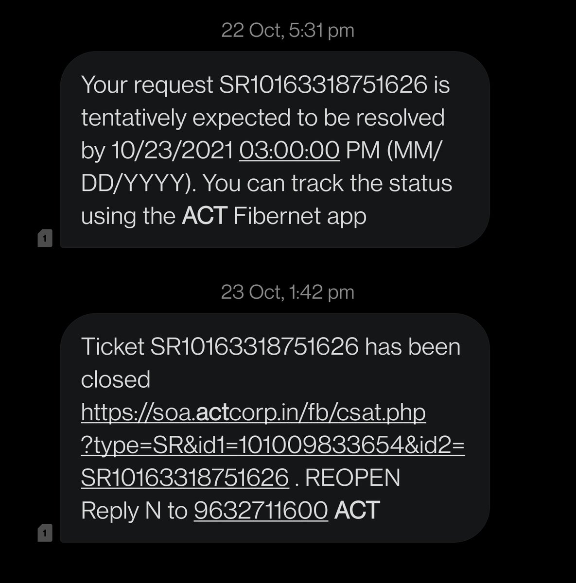 f9company's tweet photo. @ACTFibernet SR10163318751626 this complaint is closed but problem not resolved even though technician visited and checked the problem on 23Oct2021. #ACTFibernet https://t.co/T1xw9rVkxw