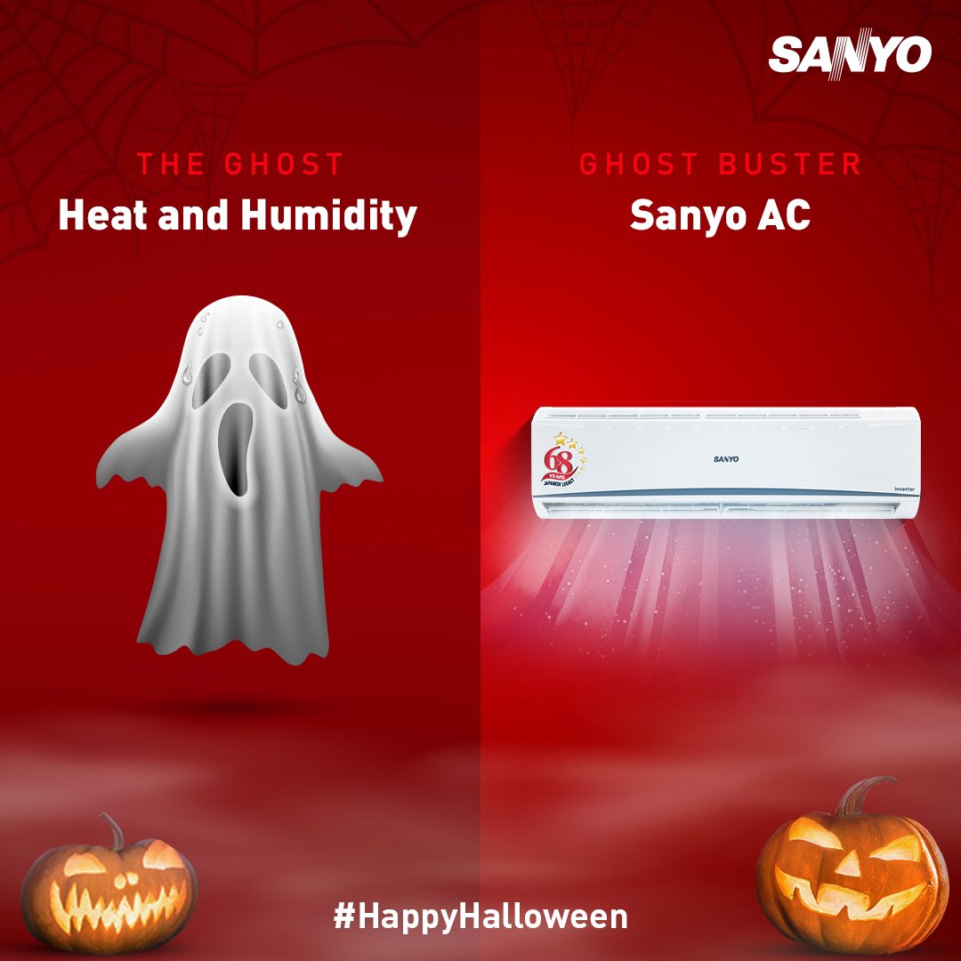 This #Halloween, trick or treat yourself with a cool and comfortable experience when you bring home the Sanyo AC.

#Sanyo #technology #inverterAC #SplitAC #chilling #saving #autumn #autumn2021 #cooling #Halloween #Ghosts #TrickOrTreat