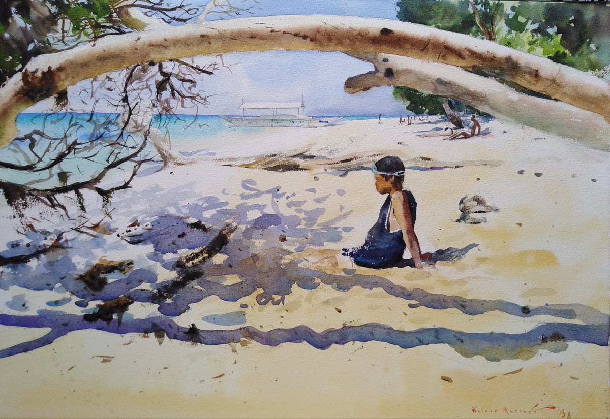 MelverMercado's tweet photo. A Day at the Beach, watercolor 14x21 inches https://t.co/Jcpxzet44z