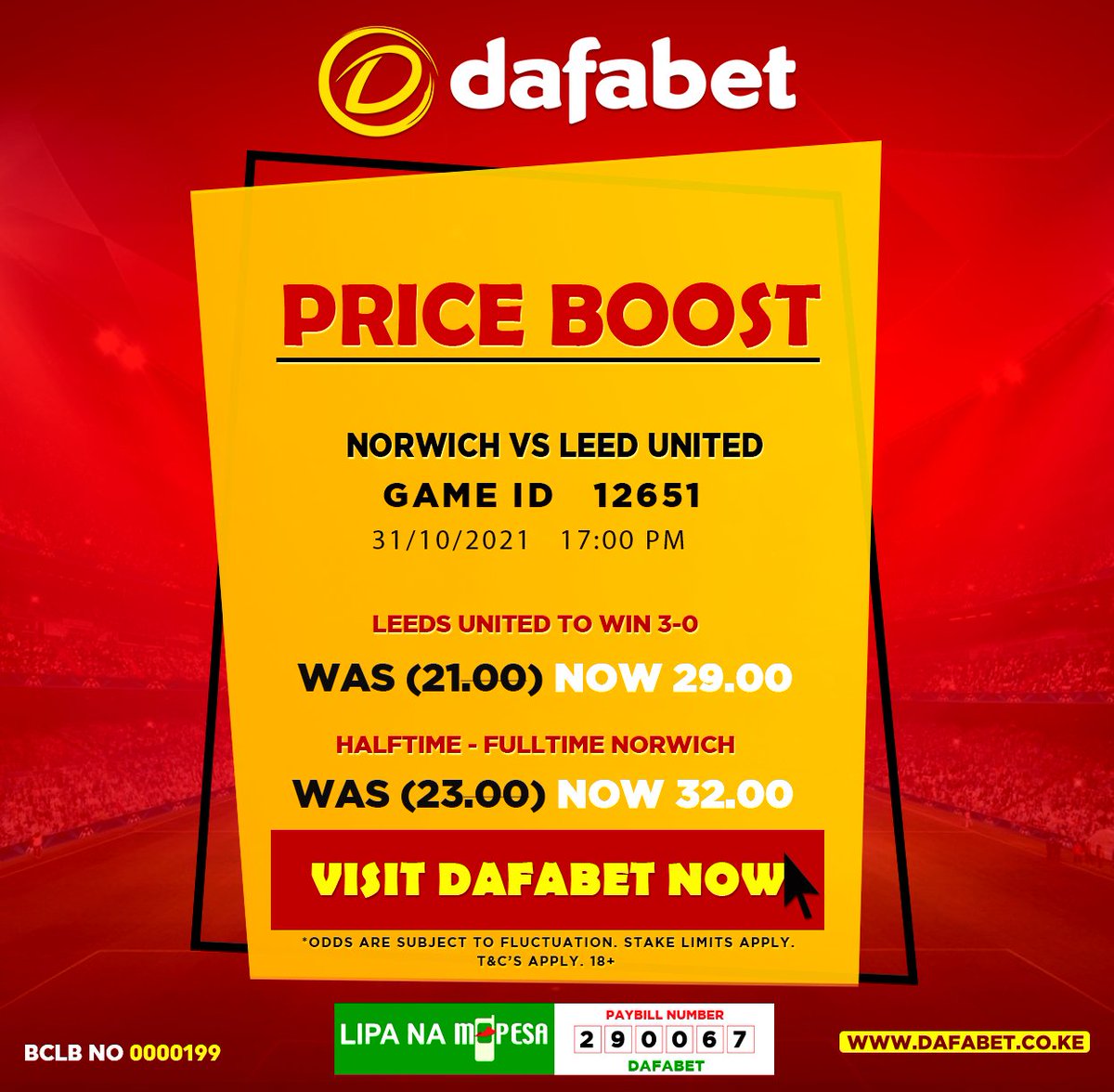 DafabetKenya's tweet photo. ⚽️ Norwich City vs Leeds United
🏆 PREMIER LEAGUE
🕣 17:00 PM E.A.T
🎰 For all the odds & #Priceboosts
visit 👉https://t.co/CtIWz0UBFM make your selections
🔞+ https://t.co/Rxi2U2yuyS
*T&C's apply https://t.co/ZeHxtgUSOH
