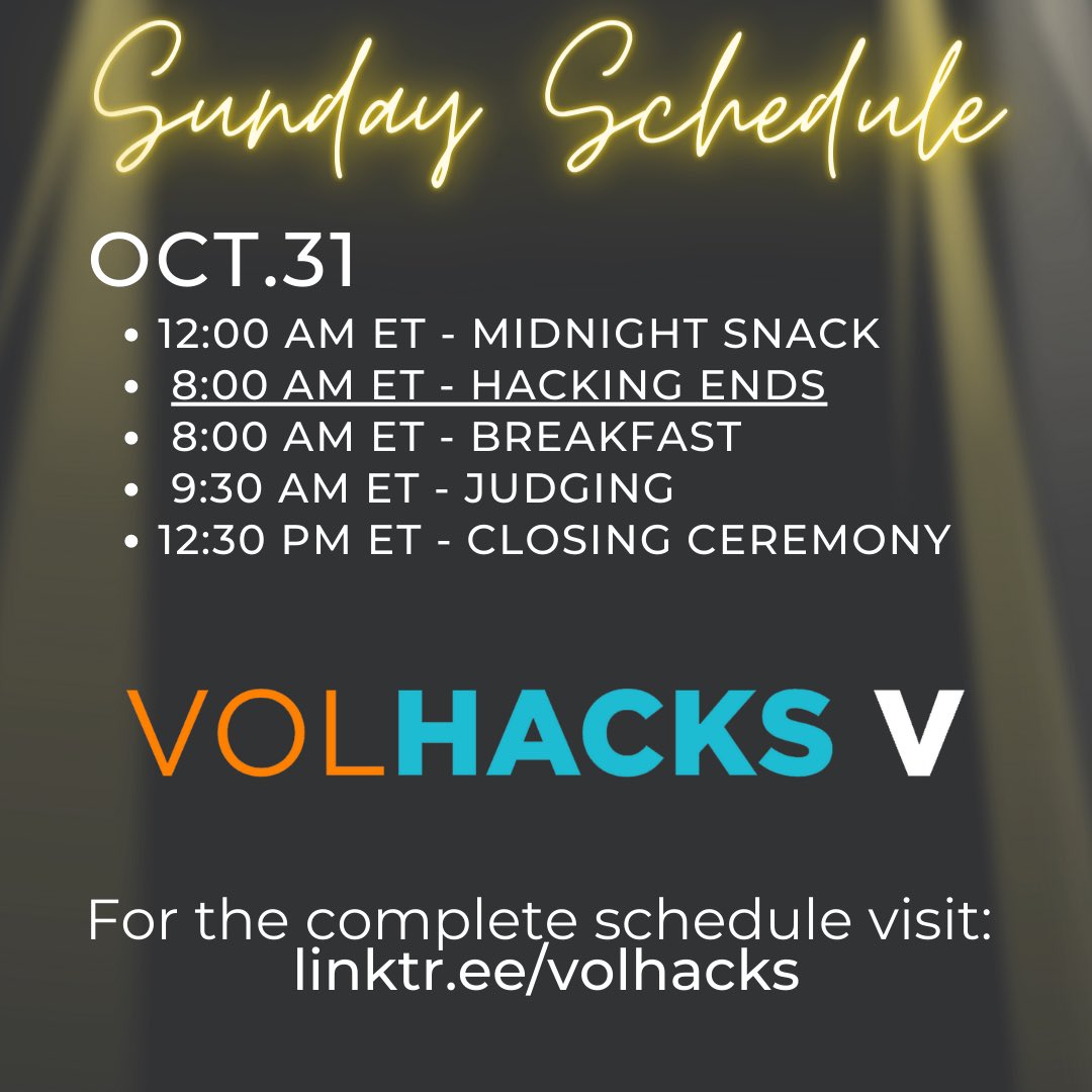 volhacks's tweet photo. We're in the home stretch! The last day of VolHacks V has begun. We cannot wait to see all the different submissions!

#volhacks #hackathon #coding #science #tech #computerscience #engineering #hacker
#technology #software #cybersecurity #computing
#computerengineering #utk #eecs https://t.co/nppaQMTxOK