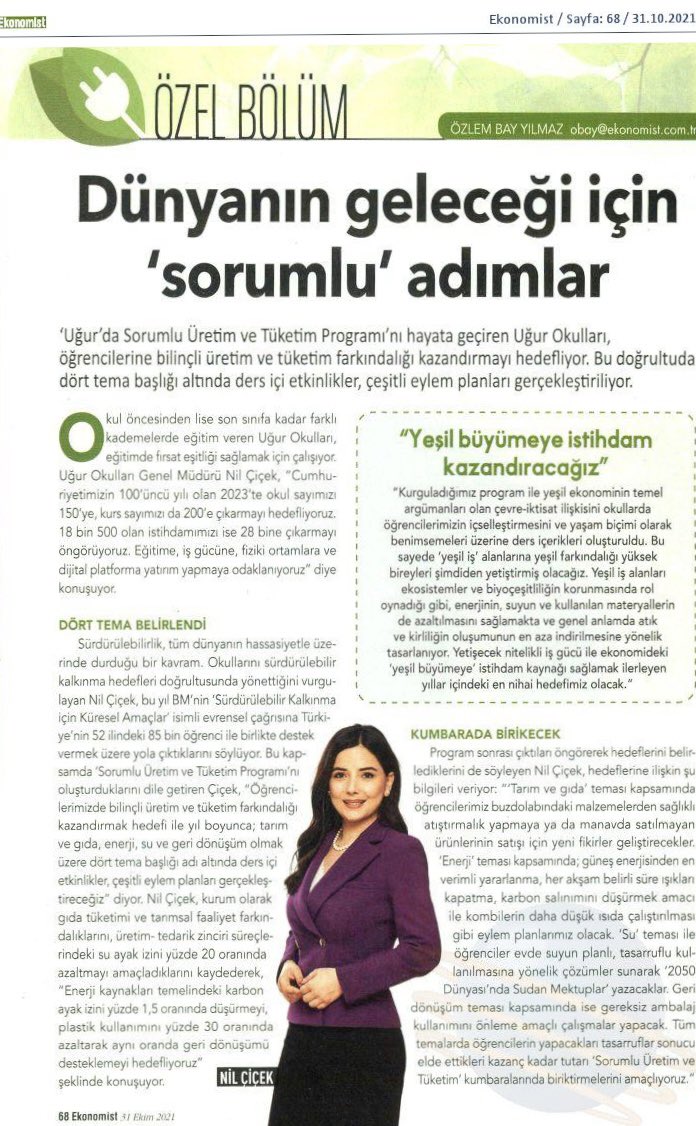 cerenycanoglu's tweet photo. “Dünyanın geleceği için ‘sorumlu’ adımlar” @EkonomistDergi 

Genel Müdürümüz Nil Çiçek:”Uğur’da Sorumlu Üretim ve Tüketim Programı ile öğrencimizle 4 ana tema çerçevesinde eylem planlarımızı hayata geçiyoruz”
🌾 Tarım ve Gıda
💡 Enerji
💦 Su
♻️ Geri Dönüşüm

#DünyayaUğurluGelelim https://t.co/bBmKmKUMn9