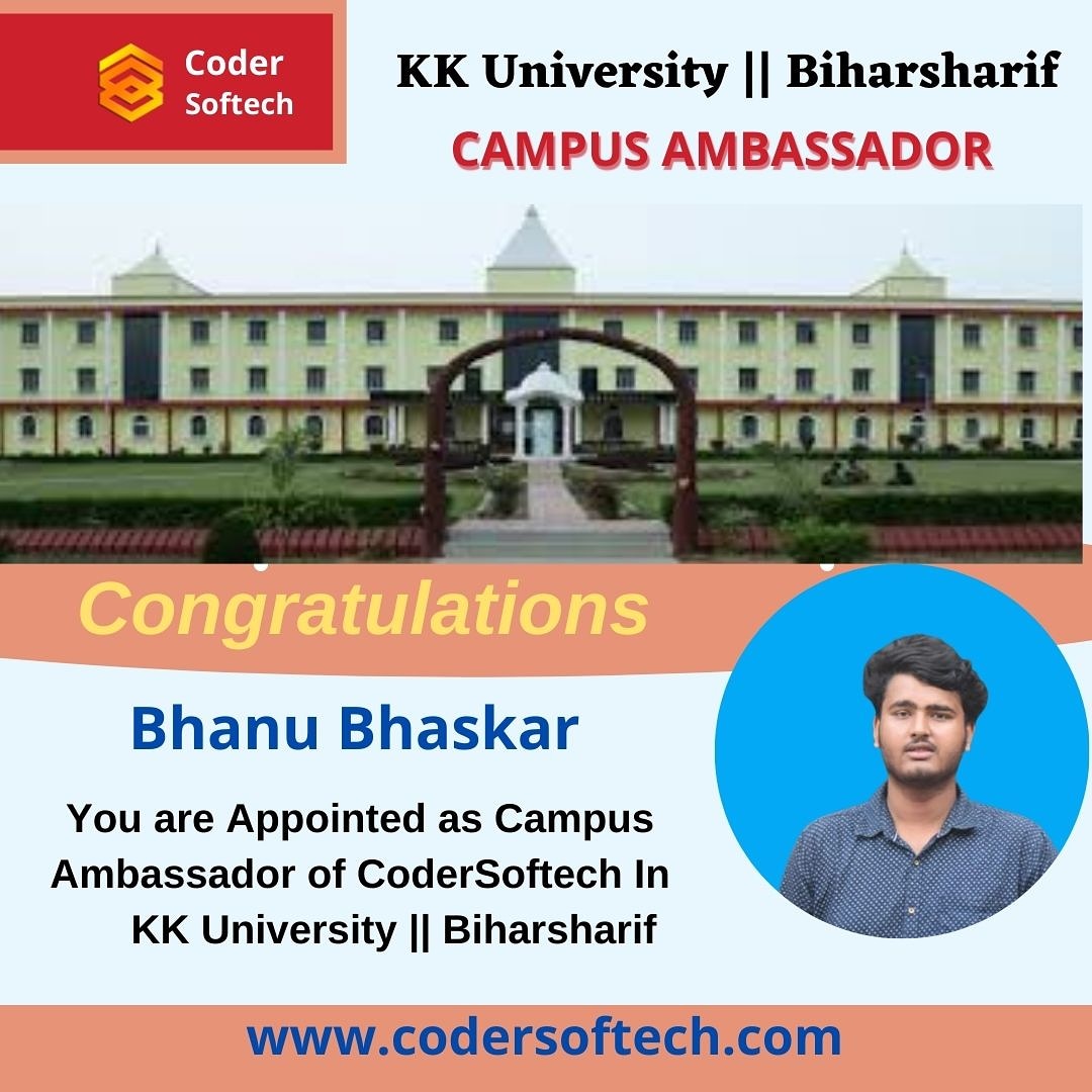 codersoftech1's tweet photo. Congratulations   Bhanu Bhaskar .
You are Appointed as Campus Ambassador of CoderSoftech In -K.K. University Berauti, Bihar Sharif, Bihar                                                                     #congratulations #codersoftech #campusAmassador #BhanuBhaskar #KK https://t.co/c8Ux7HZrmx