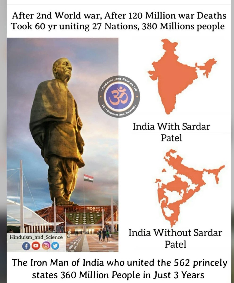 Dxdead1's tweet photo. #SardarVallabhbhaiPateljayanti 
British left us a partitioned &amp; fragmented India divided into hundreds of political islands.

It was #SardarVallabhbhaiPatel who merged 553 kingdoms into a Unified India in just 3 years. 

Remembering #IronManofIndia on his Birth anniversary✨ https://t.co/uhQEQ1857n