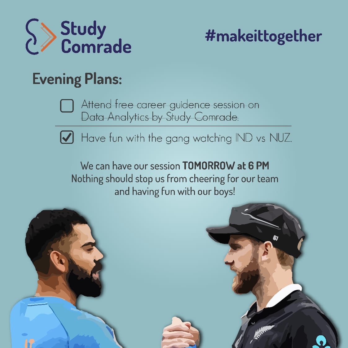 studycomrade's tweet photo. Let's #cheerforblues 🥳
Our Data Analytics session has been rescheduled to tomorrow. 
#IndiaVsNewZealand #teamindia 
#studycomrade #makeittogether https://t.co/7cIUhemPFS