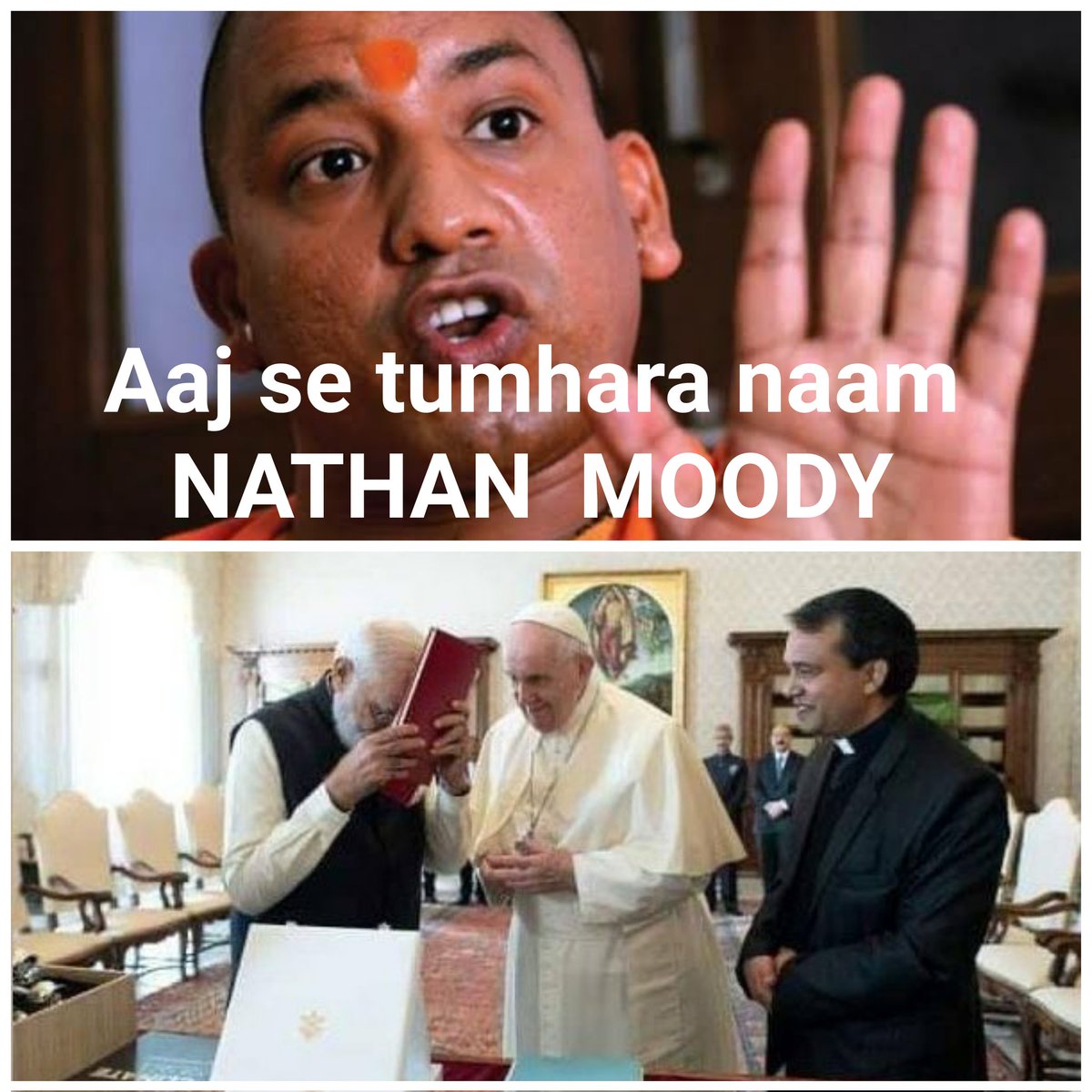 mo_rehaz's tweet photo. @minicnair Aaj se tumhara naam Nathan Moody
#Modi #ModiPope #ModiInRome #ModiPopeMeet #ModiInVatican https://t.co/wvfUZExHJ9