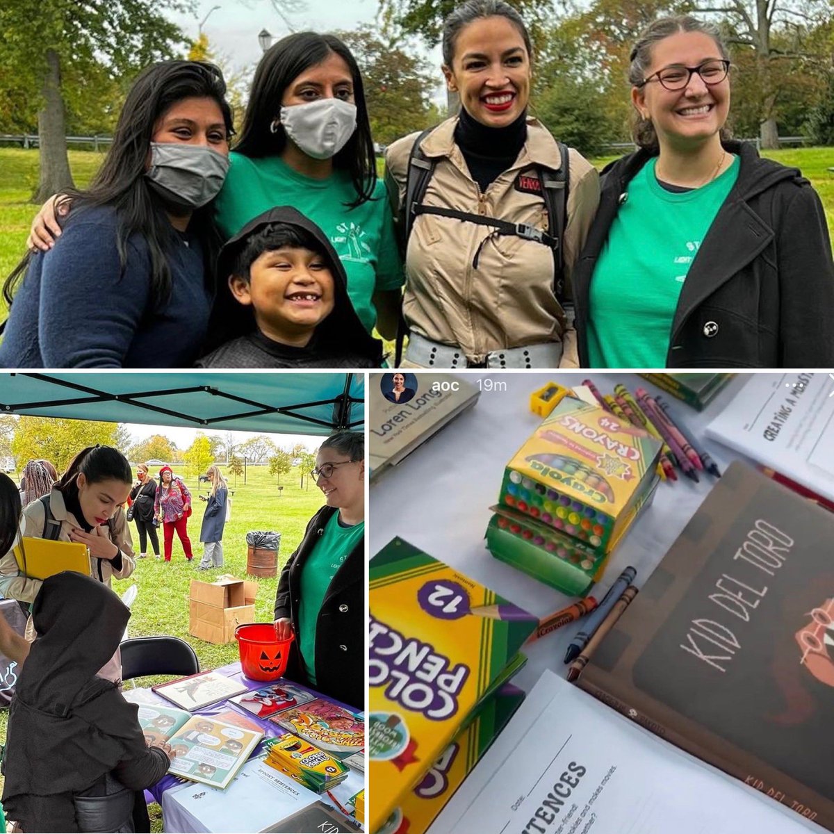 Chogrin's tweet photo. So cool! @AOC was checking out @lil_libros books today, including #KiddelToro! LOVE that she dressed up as a Ghostbuster too (my all time favorite movie). Thank-you @bxbookreader and @startlighthouse for sharing! #alexandraocasiocortez @RealGDT #chogrin #pakoto #guillermodeltoro https://t.co/Eeg6L7Ebb1