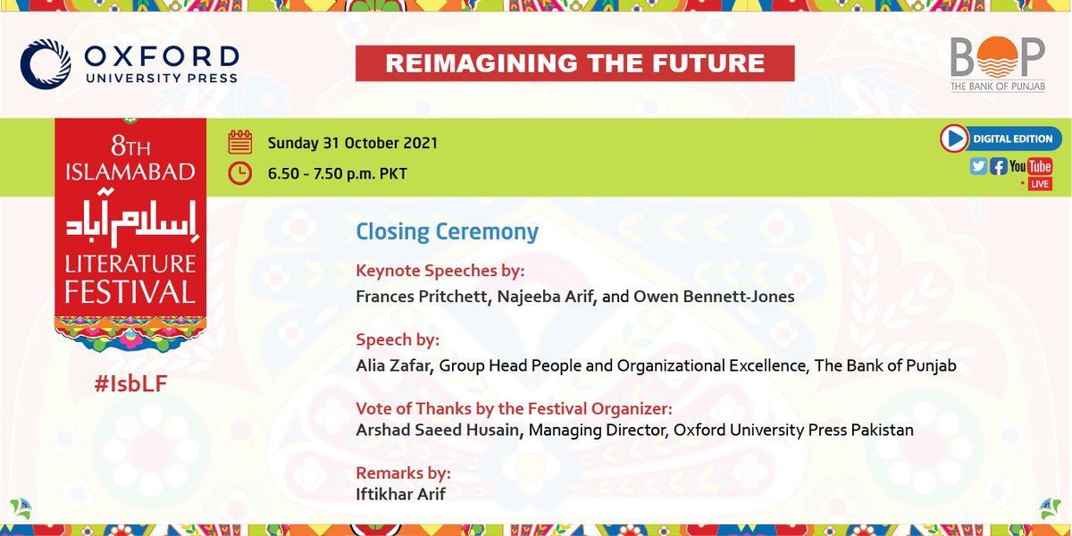 KhiIsbLitFests's tweet photo. The Festival is not over yet!😊Join us live for the closing ceremony of the 8th Islamabad Literature Festival 2021 (Digital Edition) tonight at 6:50 pm. 

We have restricted seating capacity available with all SOPs for select guests who are fully vaccinated. 
Contact:0332-3799522 https://t.co/ufO9HCzmSl