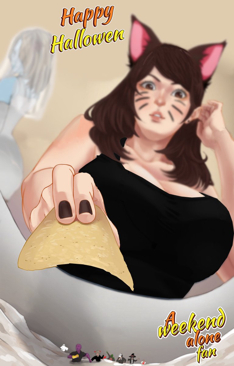 AloneWeekend's tweet image. hello 
people dressed up for halloween did not expect to end up in the bowl of a beautiful girl dressed as a black kitten
here we can see a neko-sarah and a ghost bride ariel in the background
#Giantess #unaware #sizetwitter #aweekendalone #aweekendalonefan #HappyHalloween2021