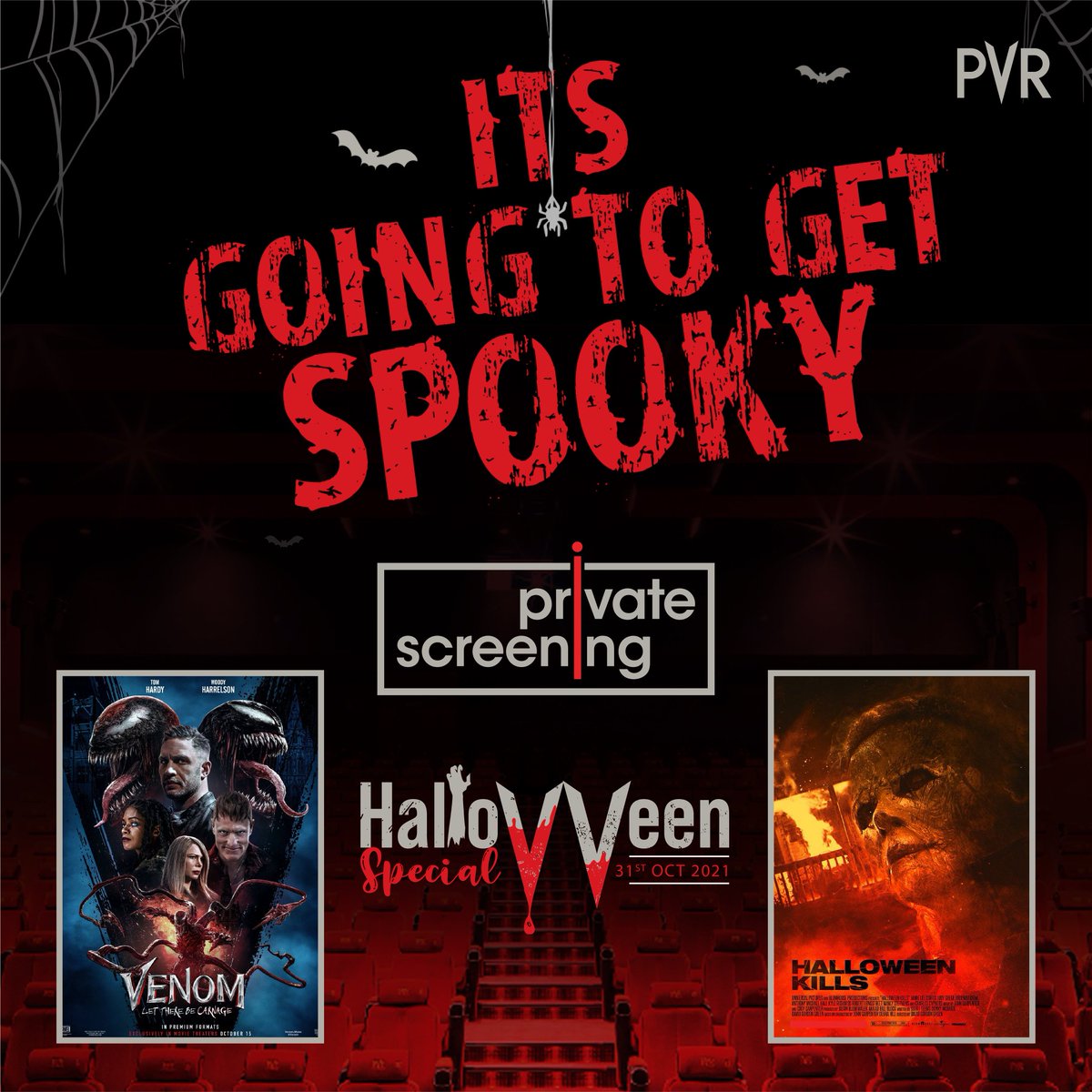 _PVRCinemas's tweet photo. Don't face horror evil &amp; nightmare alone 

Book Halloween Special Private Screenings at PVR NOW! Via PVR App or website

Watch Venom: Let There Be Carnage and Halloween Kills to mark your #halloweenhavoc 

#pvr #pvrcinemas #halloweenspecial #privatescreening #pvrprivatescreening https://t.co/B8TZnxUh1o