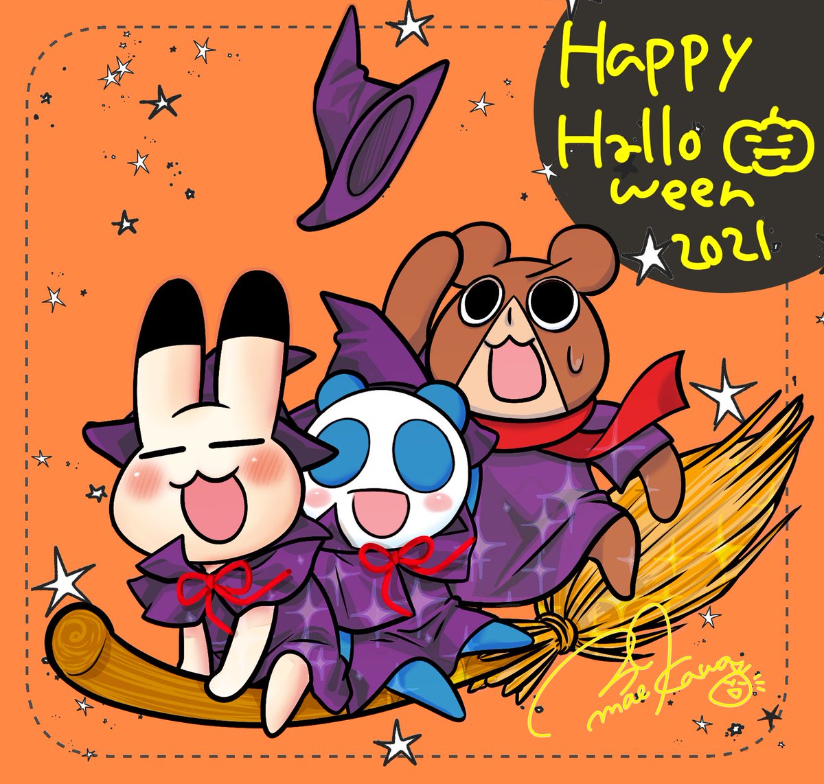 アクキー絵使い回しですがハッピーハロウィン～🎃✨
あと裏面案の別パターンラフも載っけときます👻私のラフ大体こんなでラフ過ぎて申し訳ない😋 