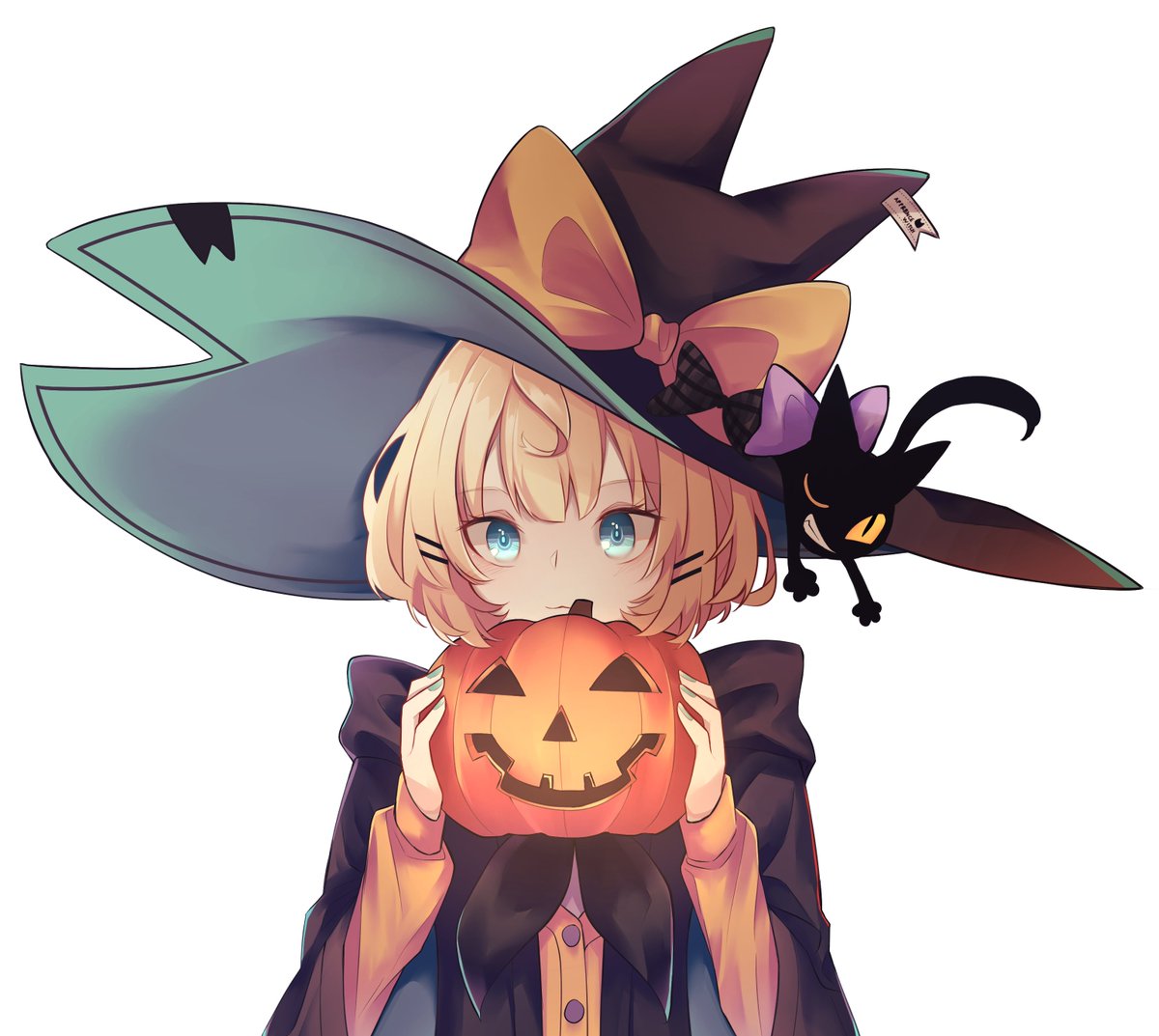 1girl hat witch hat orange sweater blonde hair black cat cat  illustration images