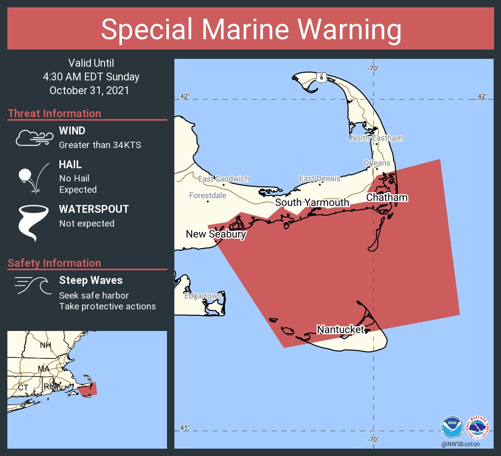 NWSBoston's tweet photo. Special Marine Warning including the Coastal waters from Provincetown MA to Chatham MA to Nantucket MA out 20 nm, Coastal Waters extending out to 25 nm South of Marthas Vineyard and Nantucket and Nantucket Sound until 4:30 AM EDT https://t.co/O0fXyvJ0jV