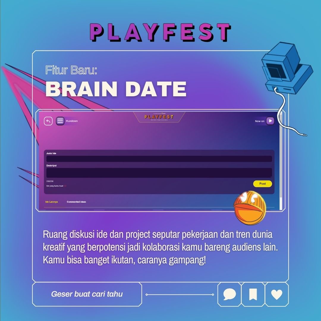 narasitv's tweet image. Kata siapa acara online enggak bisa ngobrol dan sharing ide?!

Di Playfest, ada fitur Brain Date, tempat kamu bertukar pikiran, ide, sampai sharing project baru! Lumayan kan kalau bisa nambah koneksi! 😜

Slide untuk caranya ya!
#Playfest2021 #MoreVirtualExperience