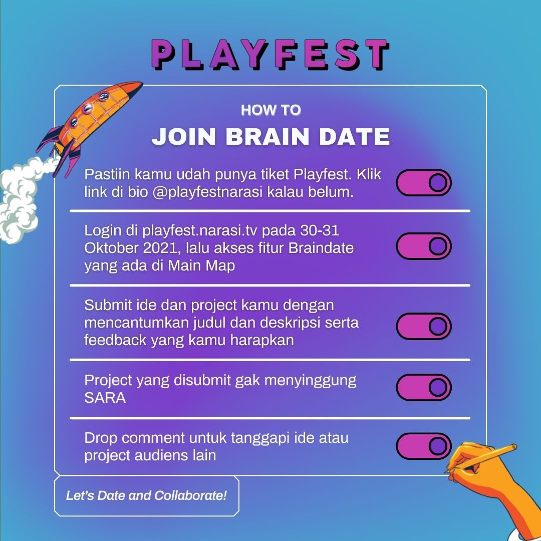 playfestnarasi's tweet image. Kata siapa acara online enggak bisa ngobrol dan sharing ide?!

Di Playfest, ada fitur Brain Date, tempat kamu bertukar pikiran, ide, sampai sharing project baru! Lumayan kan kalau bisa nambah koneksi! 😜

Slide untuk caranya ya!

#Playfest2021 #MoreVirtualExperience
