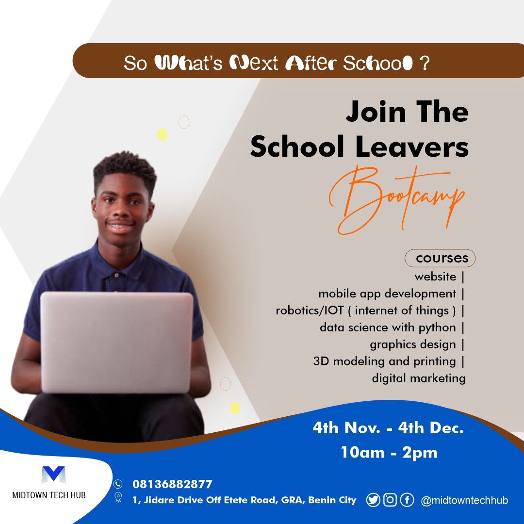 midtowntechhub's tweet photo. Registration for the School Leavers Bootcamp is ongoing.
Officially kicking off on the 4th of November in Benin City.
Register to be a part of this cohort at Midtown Tech Hub, Benin City.
#MidtownTechHub #TechForTeens #Bootcamp #TechInBeninCity https://t.co/248NCqCmI2