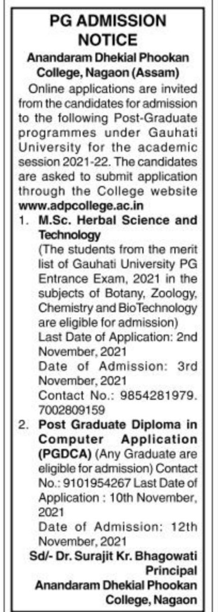 ADPCOLLEGE1's tweet photo. Revised MSc Admission Notice 2021-2022 under Gauhati University https://t.co/1MqOrg8xct