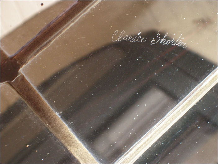 lmmother's tweet photo. The famous Clarice Cliff signature etched in to the glass at Chetwynd House. Clarice and Colley Shorters home. #ClariceCliff #TheColourRoom #Love #1940 #PheobeDynevor #MatthewGoode #CaspianFilms #Sot #Pottery #SkyCinema https://t.co/w8pQo8tEKg