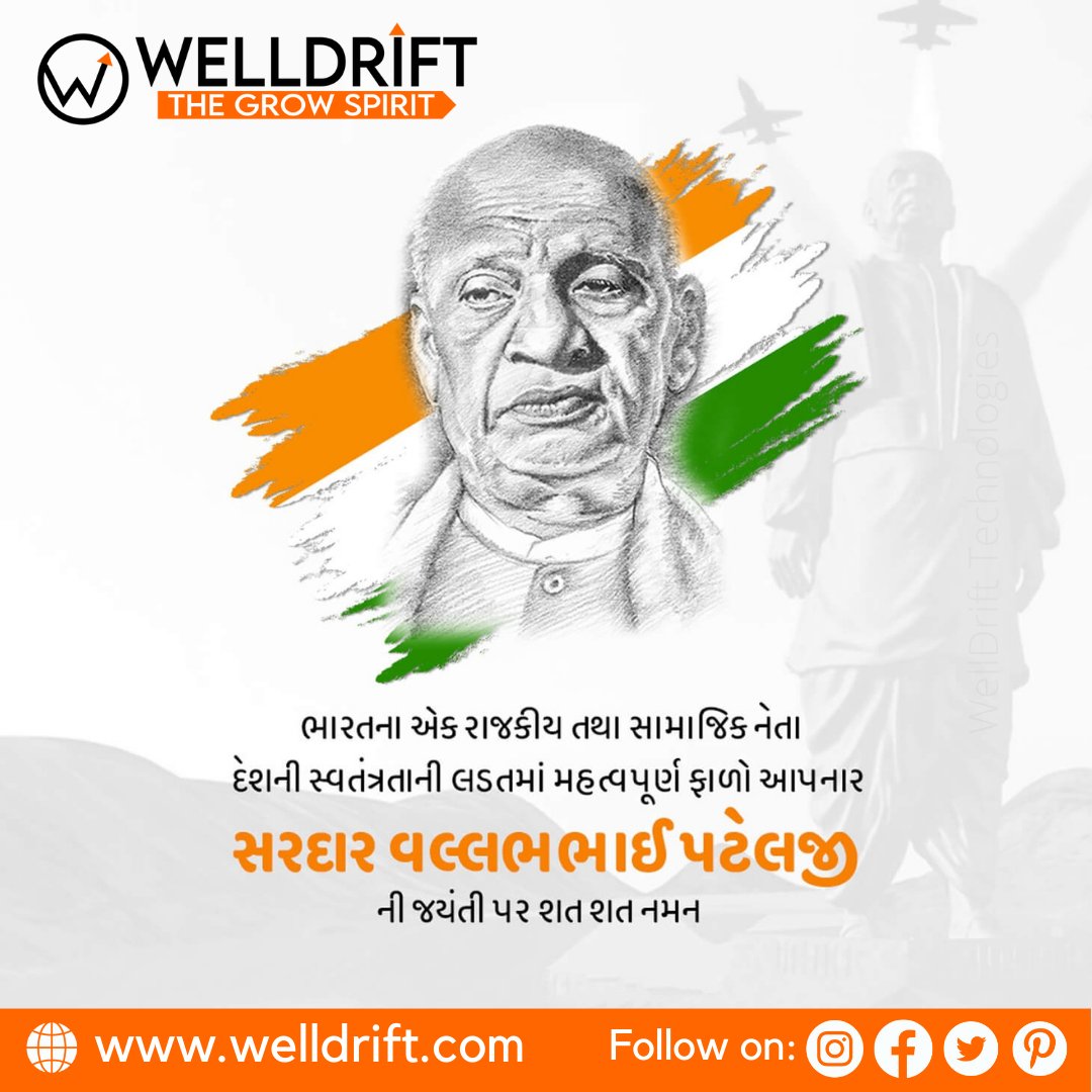 WellDrift_tech's tweet photo. #SardarVallabhbhaiPatel #StatueOfUnity #SardarPatel #IronManofIndia 
#welldrifttechnologies
#DigitalMarketing 
#GraphicDesigner https://t.co/r6eAyfVdXP