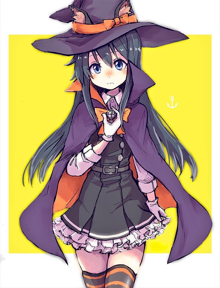 asashio (kancolle) ,asashio kai ni (kancolle) 1girl long hair solo black hair hat witch hat blue eyes  illustration images