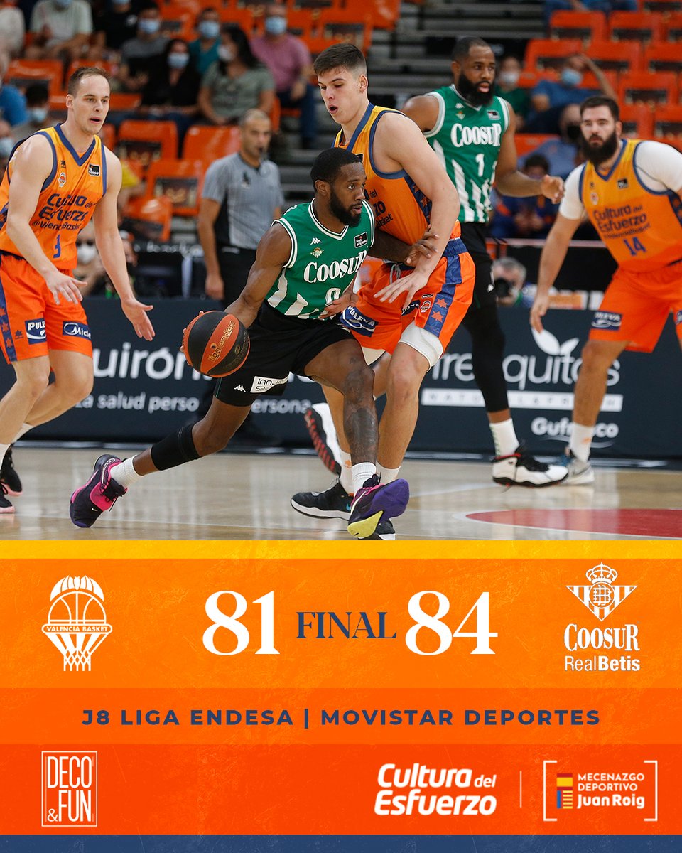 valenciabasket's tweet photo. Final 

🏆 J8 #LigaEndesa 
@valenciabasket 81
🆚 @RealBetisBasket 84
🤝 Deco&amp;Fun

#EActíVate https://t.co/HYtJ67oFnE