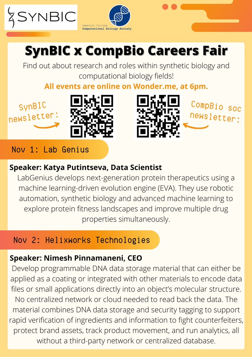SynBIC (@synbic) on Twitter photo Our #careers fair will begin with <a href="/labgeni_us/">LabGenius Therapeutics</a> on November 1st! Find out more about their research fusing synthetic biology with machine learning!
#machinelearning #careers #synbio #compbio Our #careers fair will begin with <a href="/labgeni_us/">LabGenius Therapeutics</a> on November 1st! Find out more about their research fusing synthetic biology with machine learning!
#machinelearning #careers #synbio #compbio