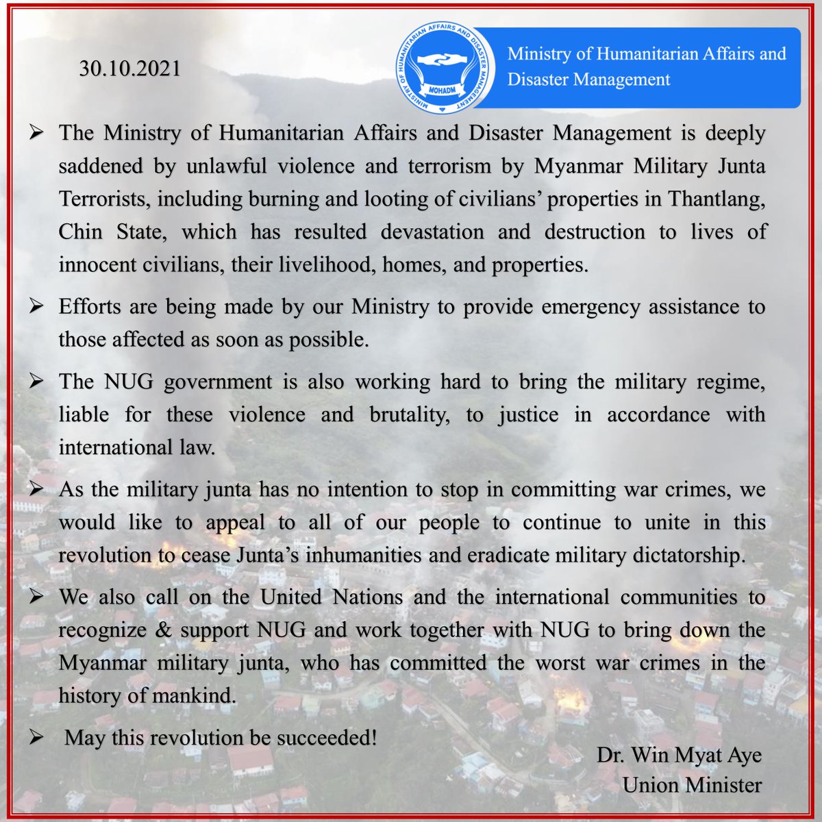 "We also call on the United Nations and the international communities to recognize &amp; support <a href="/NUGMyanmar/">National Unity Government Myanmar</a>  and work together with NUG to bring down the Myanmar military junta, who has committed the worst war crimes in the history of mankind." 
#Thantlang #WhatsHappeningInMyanmar