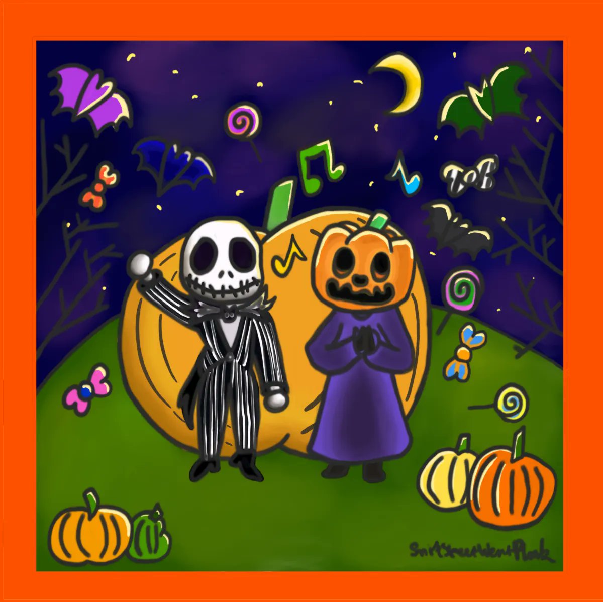 WentPlonk's tweet photo. Happy Halloween from the Pumpkin Kings🎃👻 Finally completed this WIP from last year 🎉 #halloween #halloweenart #jackczarofhalloween #jackthepumpkinking #animalcrossingnewhorizons #animalcrossing #nightmarebeforechristmas #happyhalloween #art #WIP  #smithstreetwentplonk #sswp https://t.co/qiLN2pbhvA