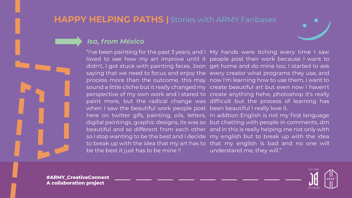 gvfxarmy's tweet photo. Isa from Mexico got motivated to create more art and was encouraged to converse more confidently in English.
#ARMY_CreativeConnect https://t.co/fwhERGL9J5