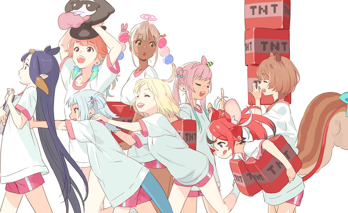 gawr gura ,hakos baelz ,ninomae ina'nis ,tsukumo sana ,watson amelia multiple girls tail 6+girls animal ears dark skin blonde hair pink hair  illustration images