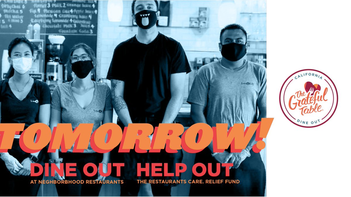 RestaurantsCare's tweet photo. It's almost here! The Grateful Table Dine Out kicks of November 1 πWe're asking YOU to "dine out to help out". Help neighborhood restaurants + their crews all November, all across CA
https://t.co/xdRIpm4G7x
#gratefultable #ourfoodfamiliy #restaurantscare https://t.co/PPhmHiYaVQ