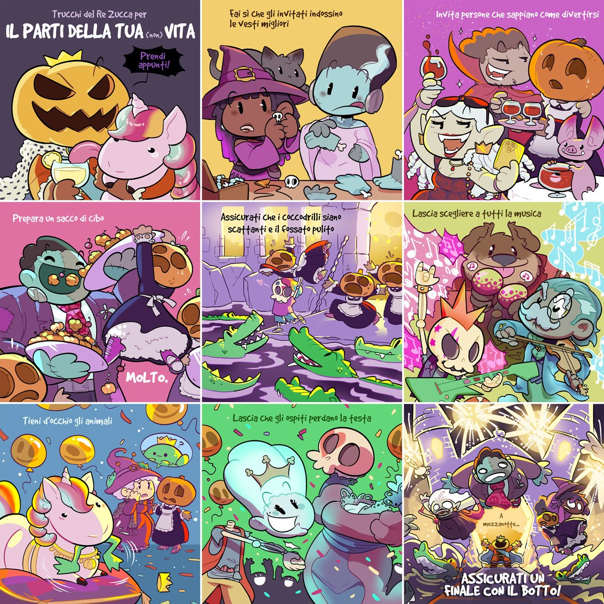 Questa notte festeggiamo Halloween🎃🍸
Quale miglior consiglio se non quello del 👑 Re Zucca di Castle Party su come organizzare una festa DA URLO?! 😜

🎨 Il fumetto è stato realizzato <a href="/lauriellemaven/">Laurielle</a>  ✨ artista di #CastleParty
