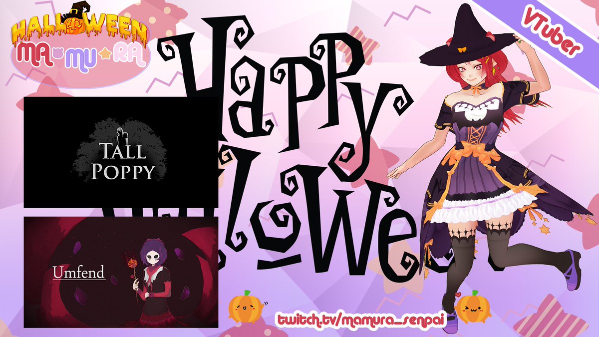 MamuraVt's tweet photo. Happy happy Halloween 🎃🍭🍬
Welcome to Halloween stream/party!
We will play in this two scary games and have fun~
The last day when I'll be a witch 👻
When: at 16:00 GMT/12pm EDT/18:00 MSK
Where: https://t.co/k590eee3V3
#tallpoppy #umfend #Vtuber #VTuberEN https://t.co/kaMyqPnIE6