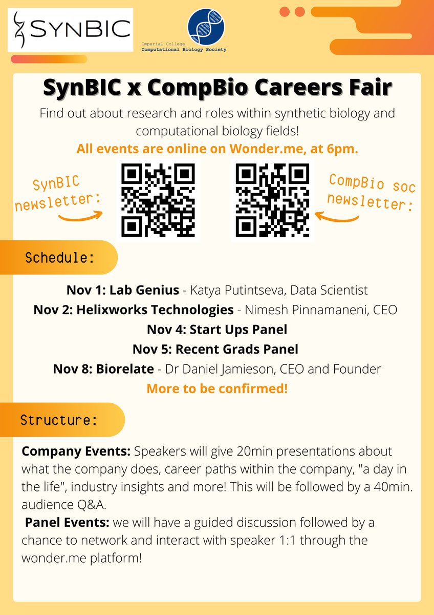 SynBIC (@synbic) on Twitter photo SynBIC and @ImperialBiology combined forces to organise an online Careers Fair! You will have a chance to ask questions to recent grads🎓 and find out what companies look for in new recruits🎯! Watch out for more info
#synbio #compbio #careers SynBIC and @ImperialBiology combined forces to organise an online Careers Fair! You will have a chance to ask questions to recent grads🎓 and find out what companies look for in new recruits🎯! Watch out for more info
#synbio #compbio #careers