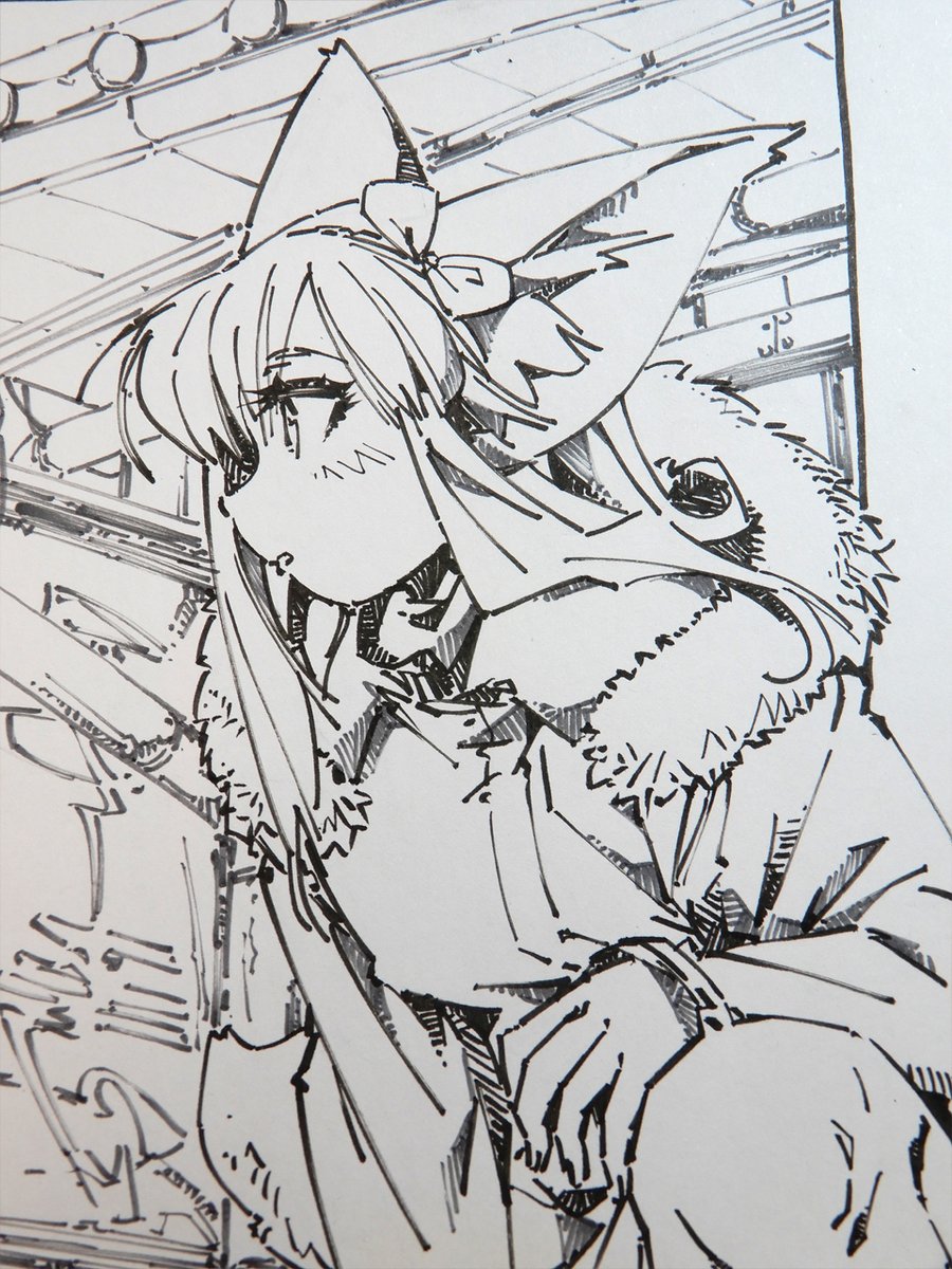 軒先警備隊
#色紙 #線画 #狐娘 