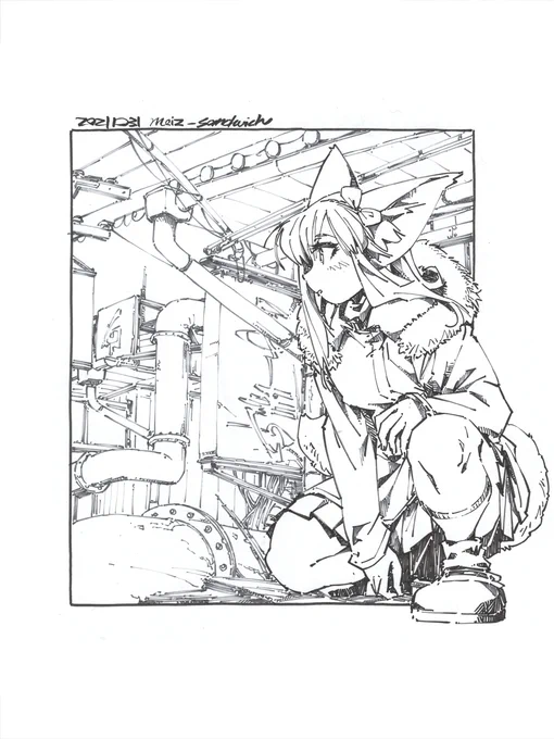 軒先警備隊
#色紙 #線画 #狐娘 