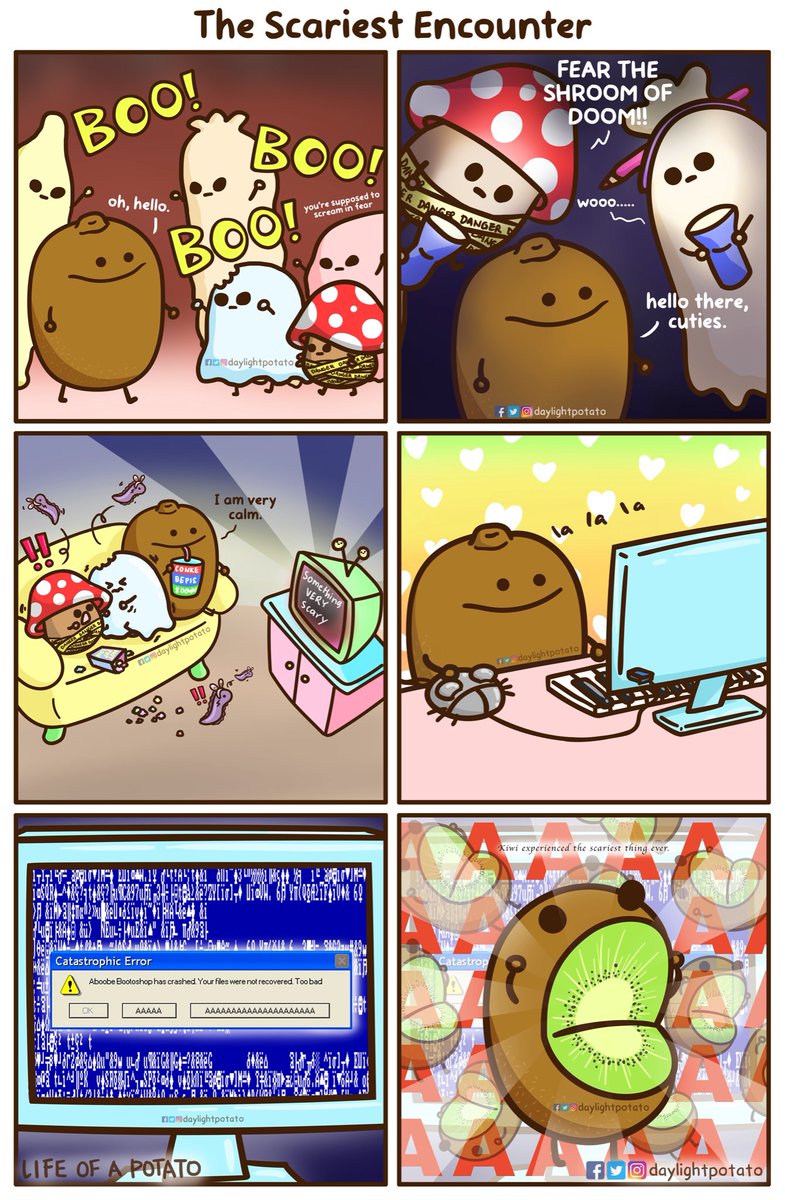 the SCARIEST encounter ever
#Hallowstream #HappyHalloween2021 #halloween #HappyHalloween #halloweencostumes #halloweenmakeup #halloweenparty #scary #kawaii #artistlife #relatable #relatablememes #adulting #AdultingAndStuff #kiwi #mushroom #potato #comics #comic #cute