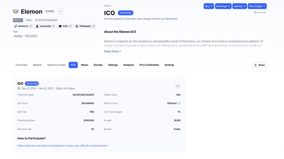 ElemonGame's tweet photo. 🔥Elemon upcoming  public round - E.L.Y is now on Coinmarketcap🔥

 #Elemon is on 400,000+ watchlists

A public sale by ourself for the community:
🌟 20,000,000 ELMONs equivalent to $180,000
🌟 $80,000 for charity

🔸 More info: https://t.co/qSDO8E3Ehg https://t.co/vif6UMJ9GO